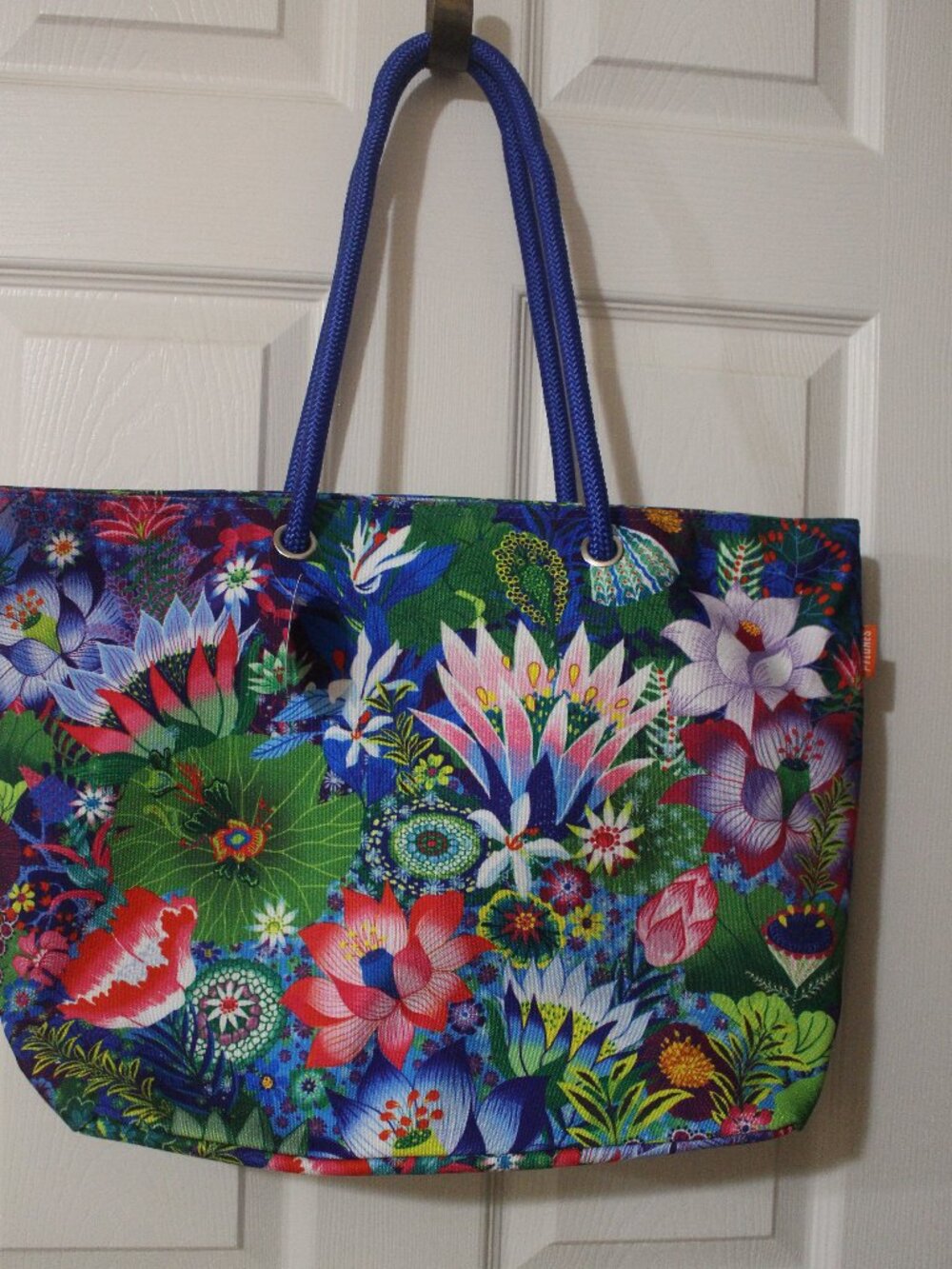 Pylones Colorful Floral Large Tote Bag Blue Rope Handles NWT